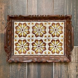 🛍 SOLD - Vintage 1970’s Handcarved Wooden Mexican Floral Dal Tile Serving Tray